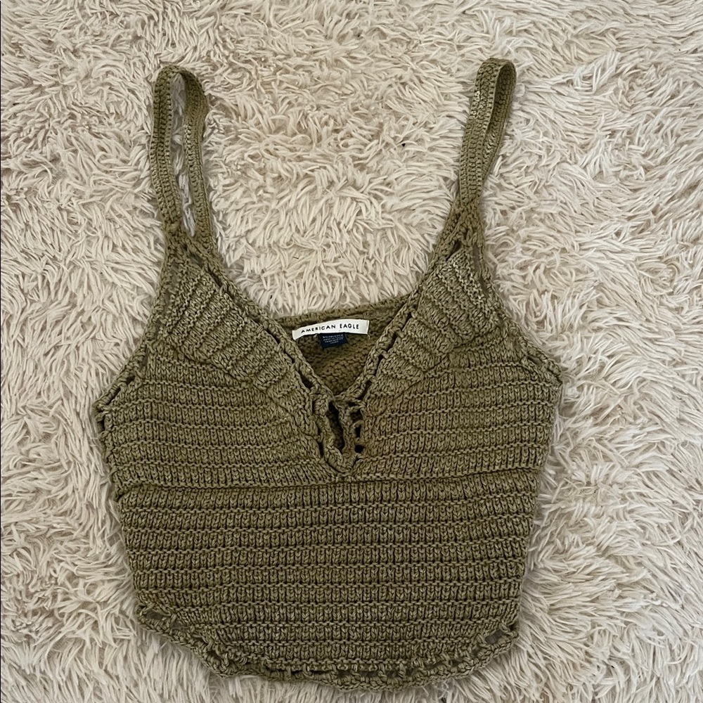 American Eagle Outfitters Olive Crochet Lace-Up Tank